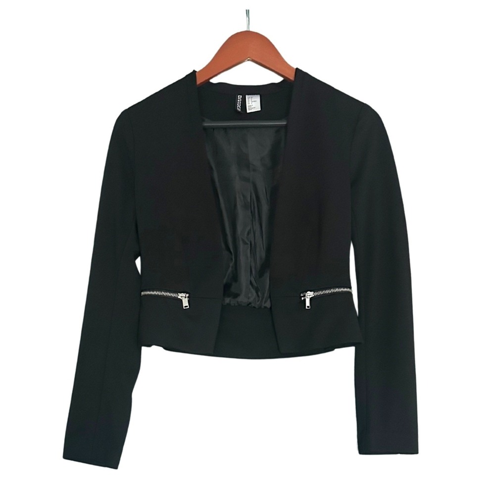 H&M Divided Cropped Blazer Jacket Womens Size 4 Black Open Front Zipper